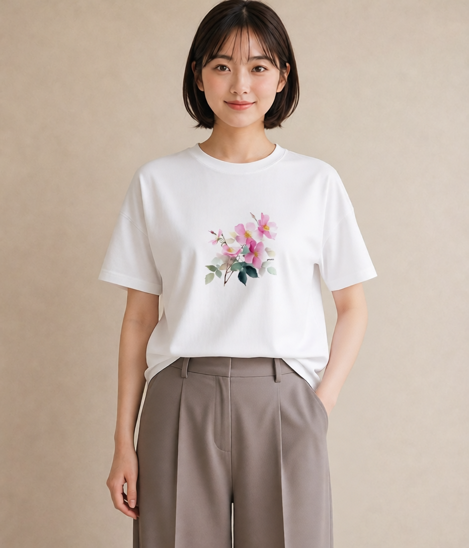 半袖Tシャツ レディース 椿 花 花柄 イラスト 旅行コーデ 週末コーデ 敬老の日 白T