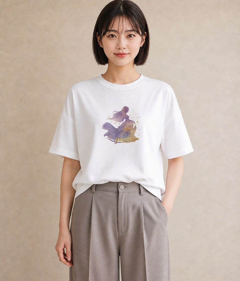 Tシャツ レディース 蟹座 星空 宇宙 イラスト 線画 ミセス 春コーデ 白T YMAZO