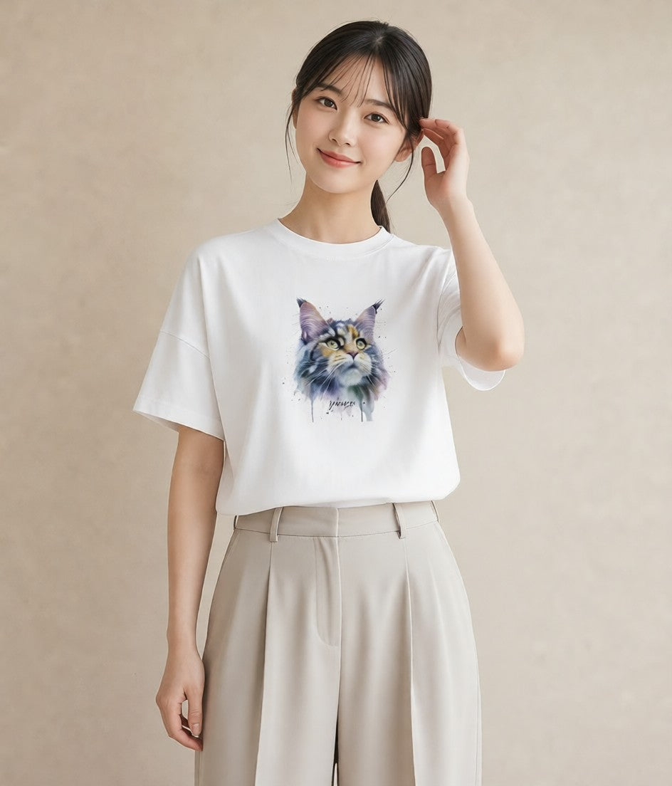 Tシャツ レディース 三毛猫 みけねこ 三毛 猫 ねこ イラスト モード 通学 誕生日プレゼント 白T YMAZO