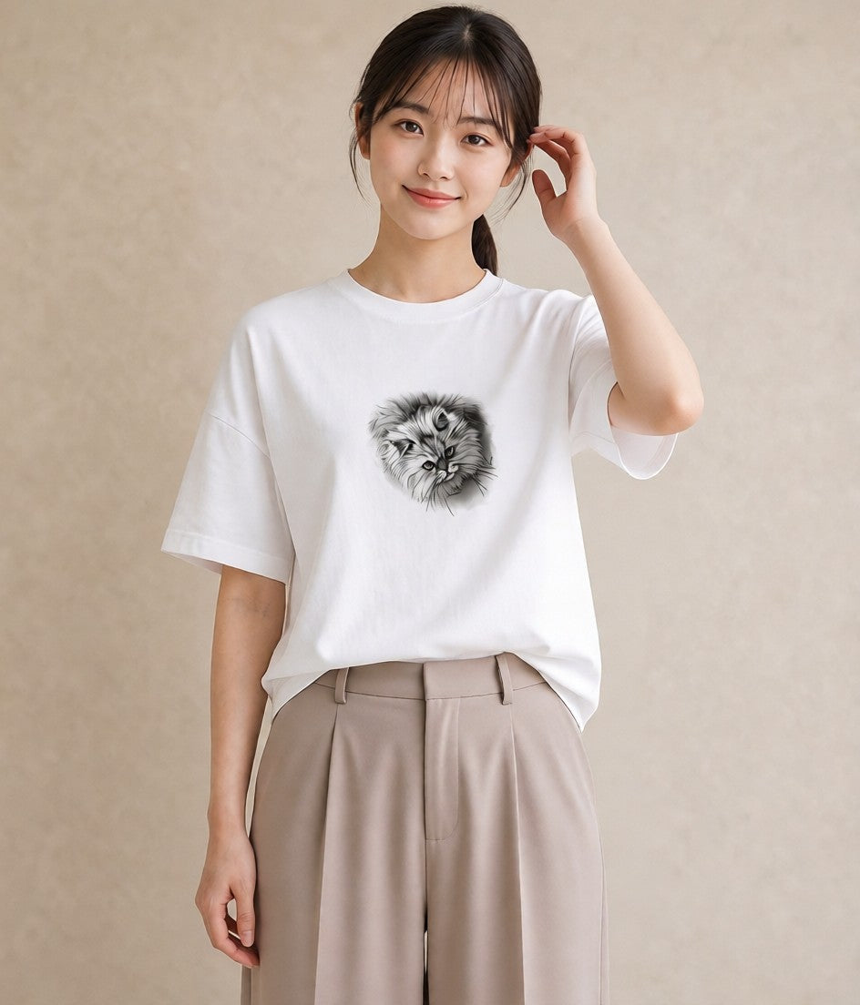 デザインTシャツ レディース 猫 ねこ イラスト カフェ服 クリスマス 白T YMAZO