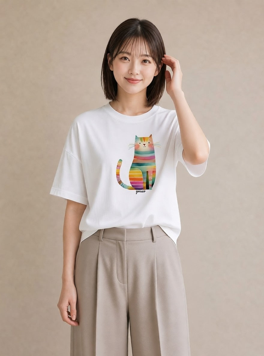 半袖Tシャツ レディース ねこ 猫 ネコ イラスト カフェコーデ 送別ギフト 通勤 白T YMAZO