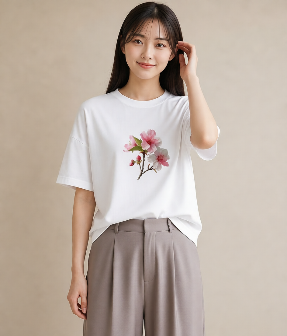 半袖Tシャツ レディース 梅 花 花柄 イラスト きれいめ 週末コーデ 敬老の日 白T