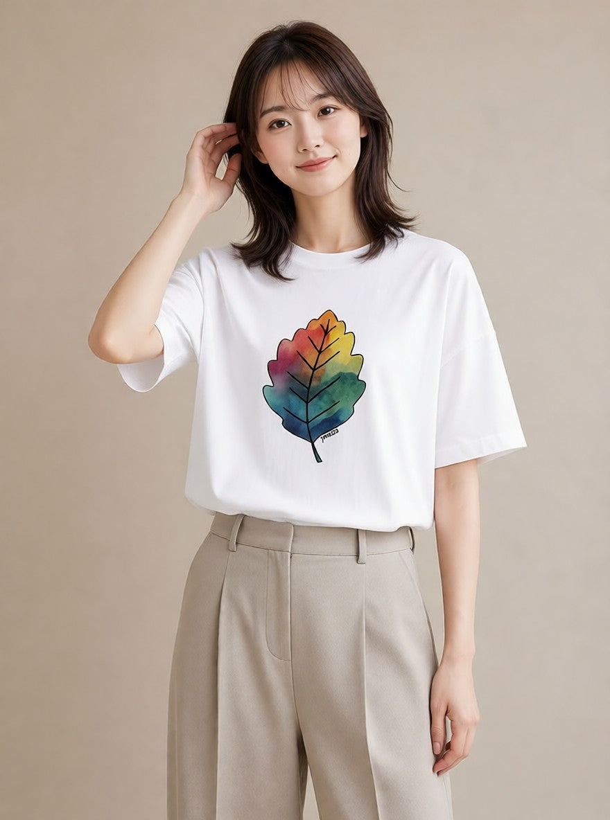 グラフィックTシャツ レディース 落ち葉 植物 ボタニカル イラスト 上品 誕生日プレゼント 綿100 白T YMAZO