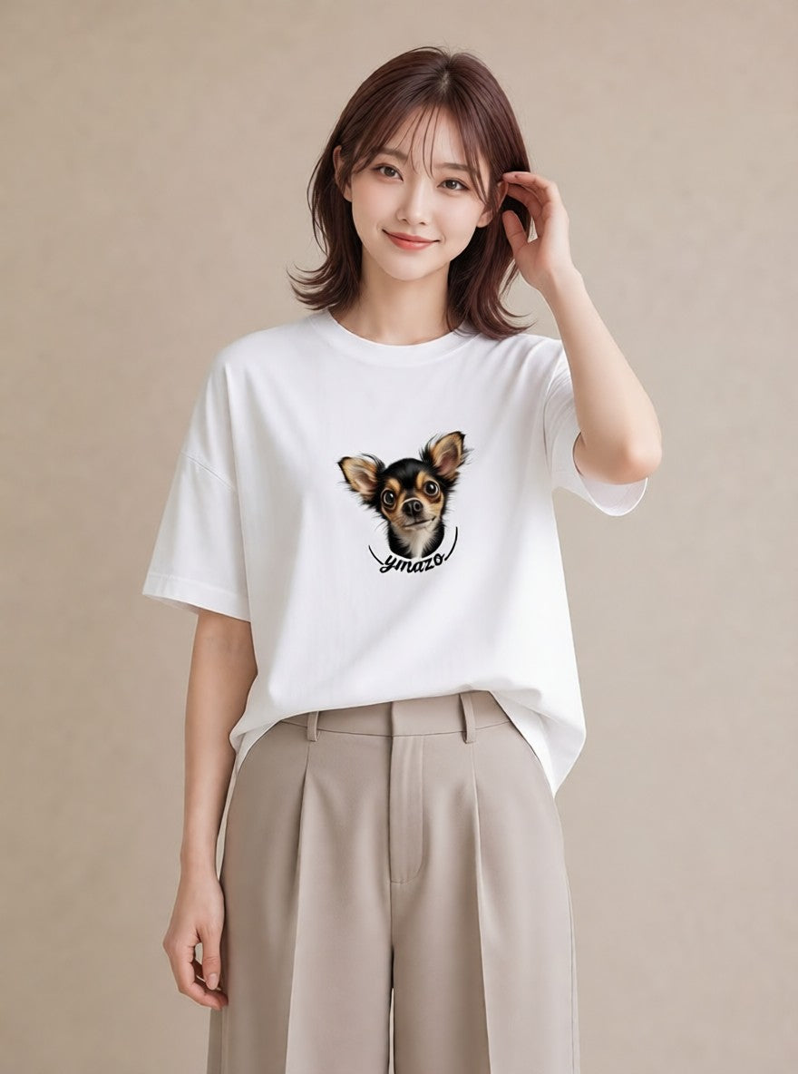 半袖Tシャツ レディース ロングコートチワワ 犬 いぬ イラスト ミニマル 姉妹 送別ギフト 白T YMAZO
