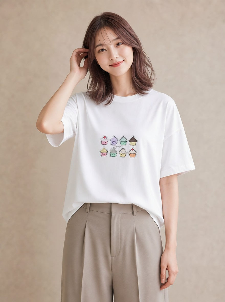 半袖Tシャツ レディース マフィン 食べ物 フード イラスト お洒落 自分用 ルームウェア 白T YMAZO