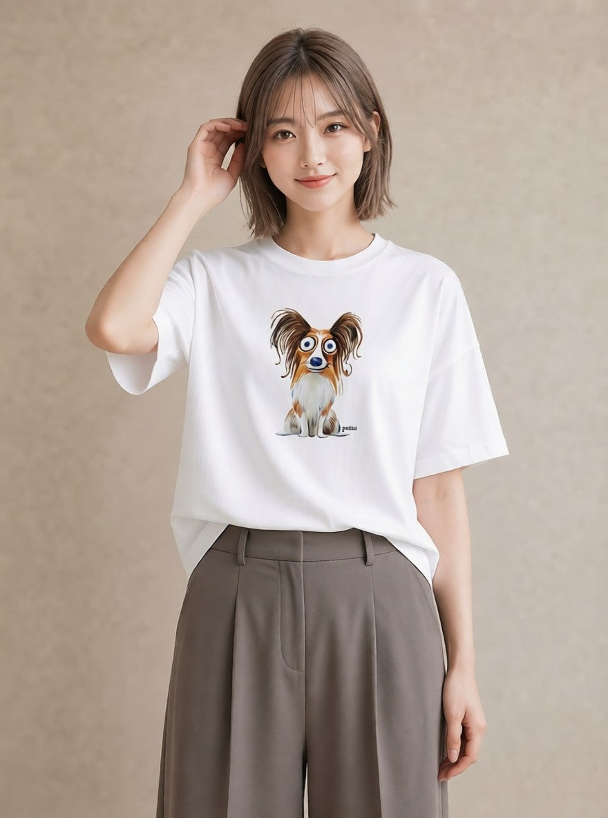 プリントTシャツ レディース パピヨン 犬 いぬ イラスト シンプル 旅行 母娘コーデ 白T YMAZO