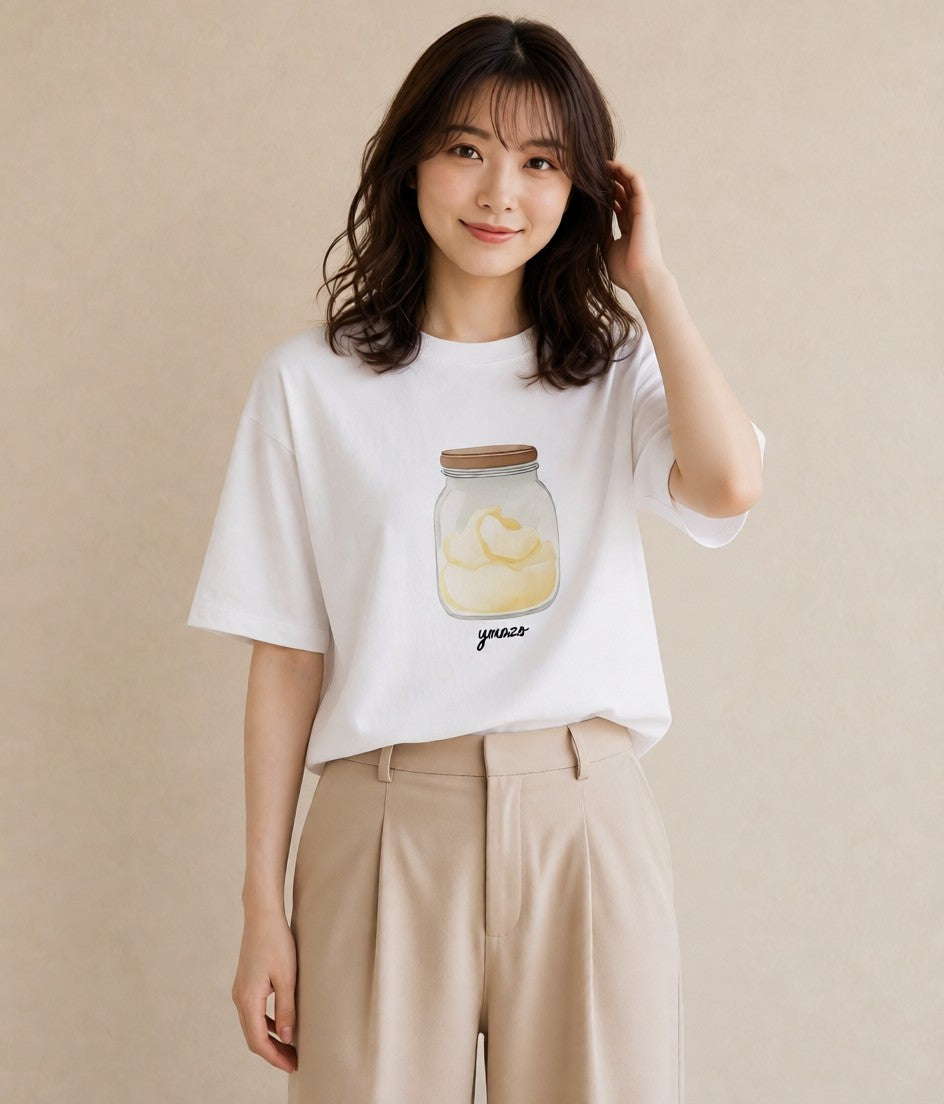 半袖Tシャツ レディース プリン 食べ物 フード イラスト ボタニカル 通学 誕生日プレゼント 白T YMAZO