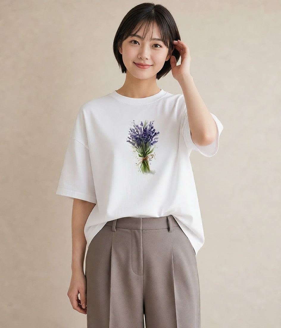 半袖Tシャツ レディース ラベンダー 花 花柄 イラスト フェミニン デート 帰省 白T YMAZO