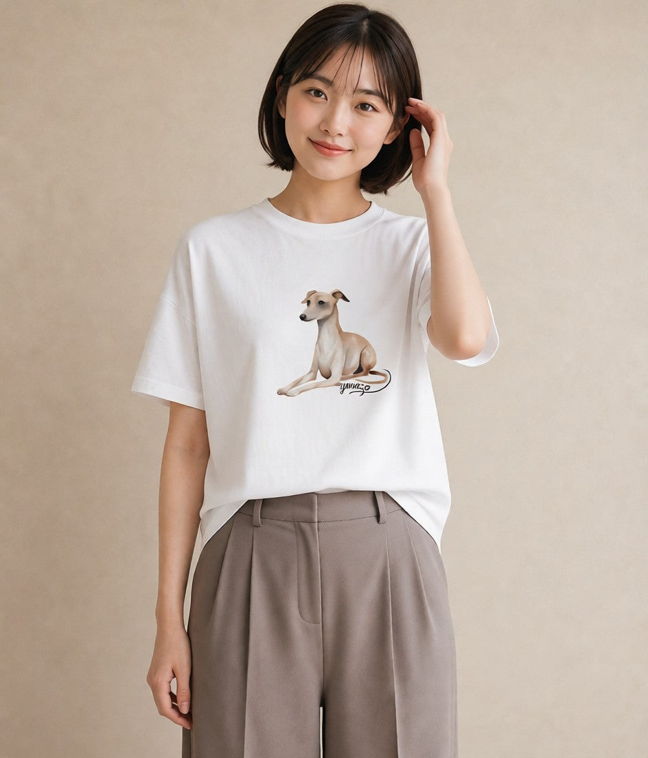 Tシャツ レディース イタリアングレーハウンド 犬 いぬ イラスト ミニマル 誕生日プレゼント 綿100 白T YMAZO
