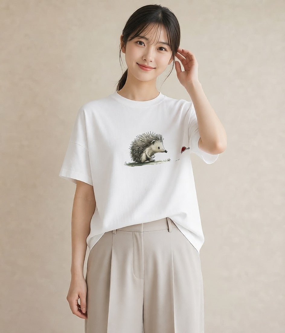 デザインTシャツ レディース ハリネズミ ペット 動物 イラスト 淡色 親子 20代 白T YMAZO