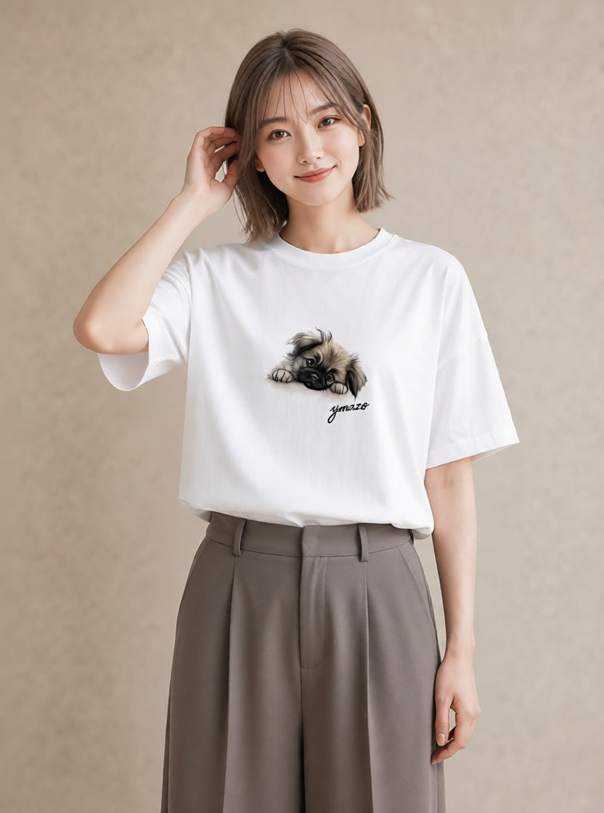 半袖Tシャツ レディース わんちゃん 犬 いぬ イラスト 普段使い 通学 誕生日プレゼント 白T YMAZO