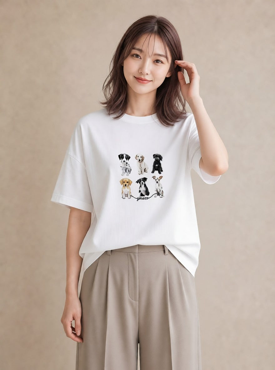 グラフィックTシャツ レディース ミックス犬 犬 いぬ イラスト 水彩風 ビーチ デイリーウェア 白T YMAZO