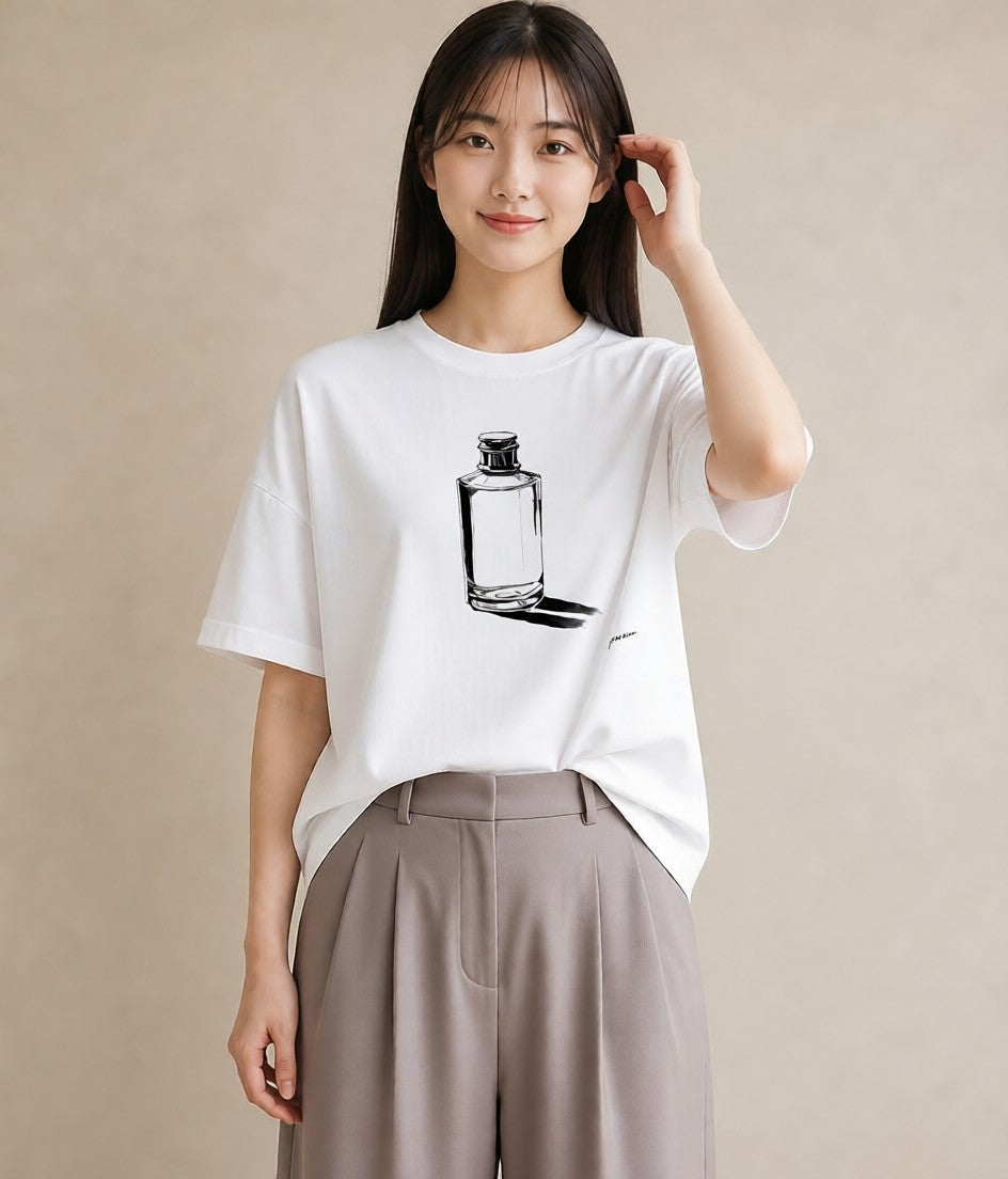半袖Tシャツ レディース 香水 香水瓶 パフューム イラスト お洒落 綿100 デート 白T YMAZO