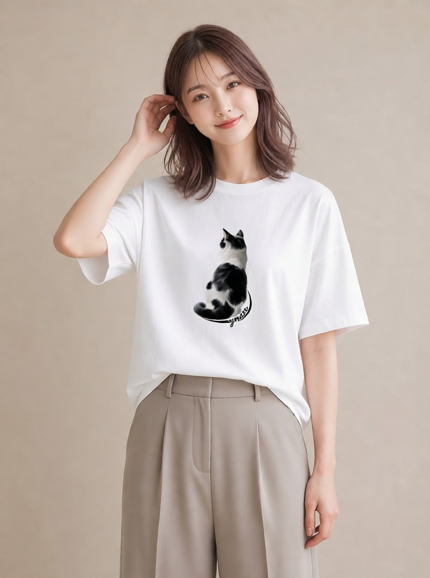 Tシャツ レディース サビ猫 猫 ねこ イラスト アート風 買い物 夏コーデ 白T YMAZO