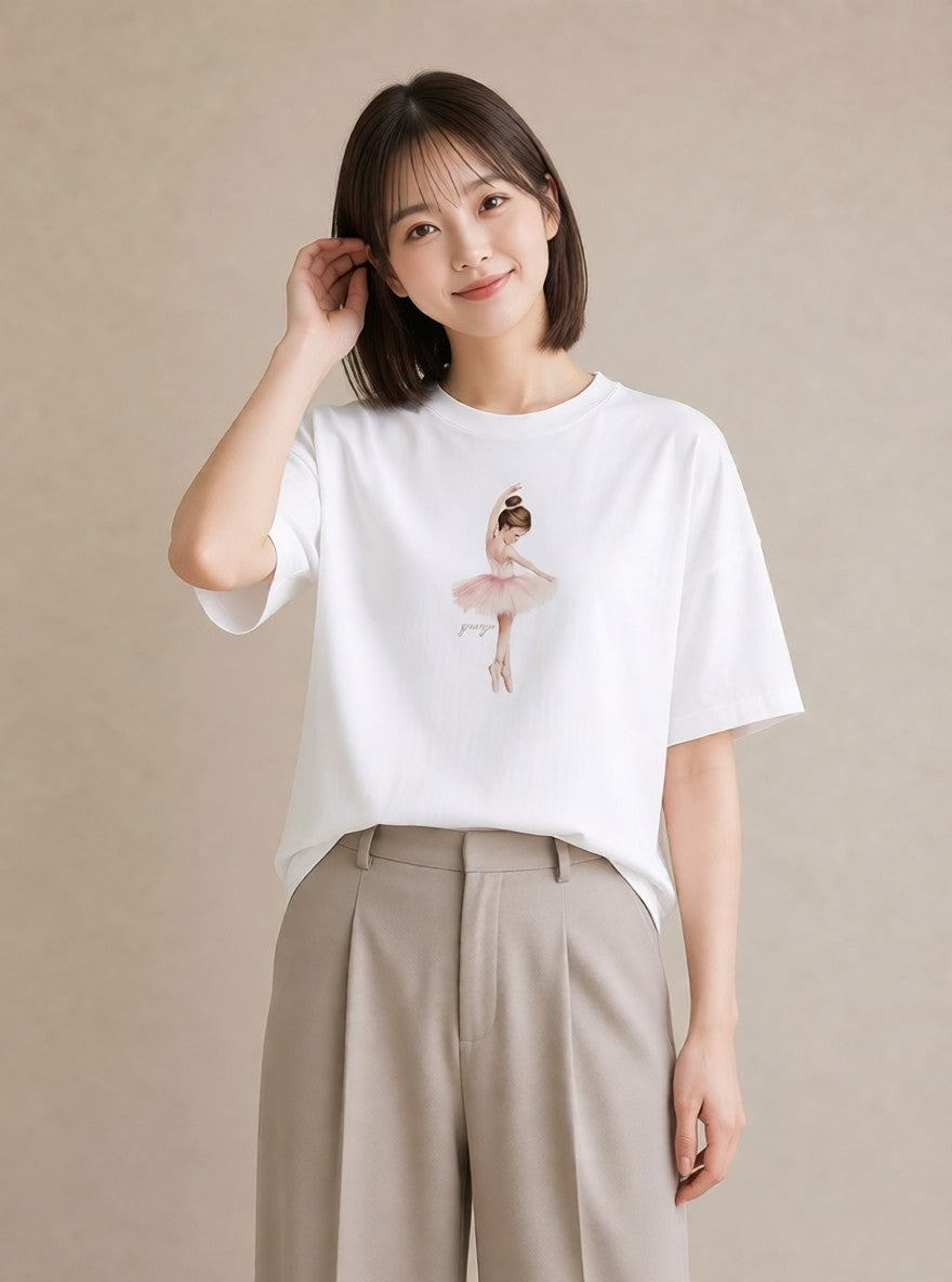 半袖Tシャツ レディース バレエシューズ バレエ トウシューズ ナチュラル アンティーク イラスト 北欧風 女性向けギフト 散歩 白T YMAZO