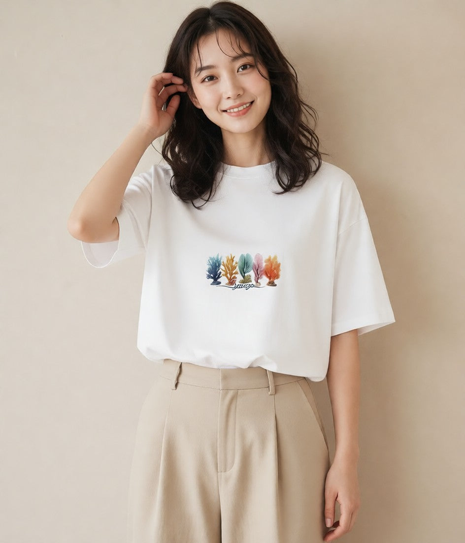 プリントTシャツ レディース サンゴ 海の生き物 海 イラスト ボタニカル ミセス 春コーデ 白T YMAZO
