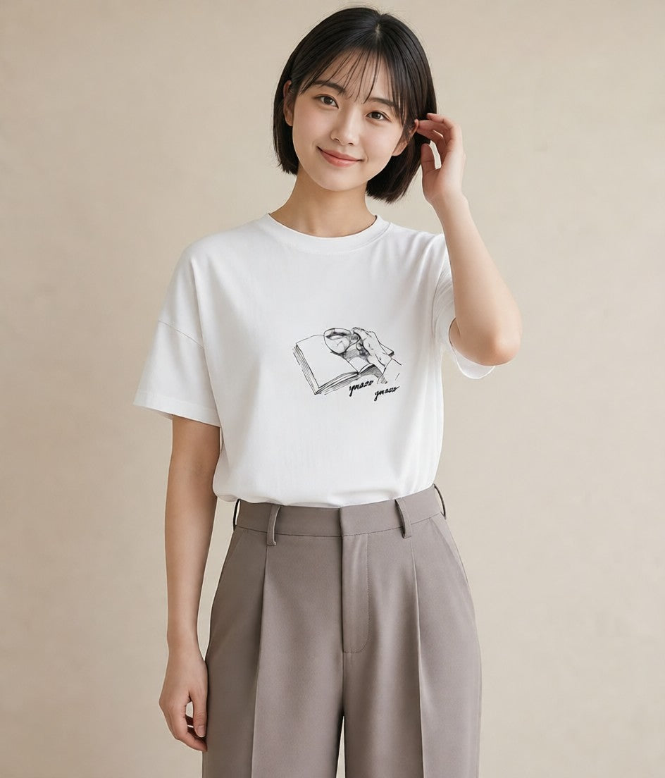 グラフィックTシャツ レディース 本 読書 ブック イラスト ポップ 週末コーデ 敬老の日 白T YMAZO