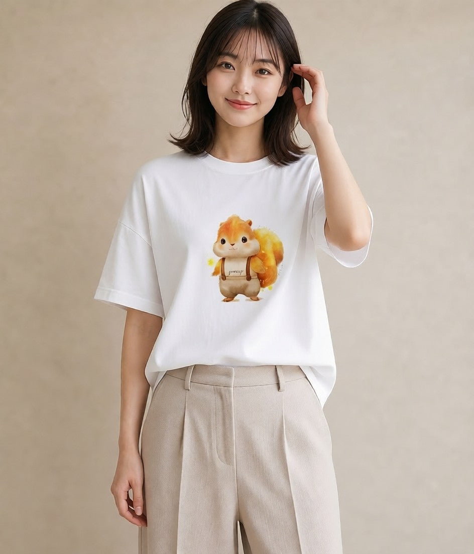 半袖Tシャツ レディース リス ペット 動物 イラスト 線画 ギフト 母の日 白T YMAZO