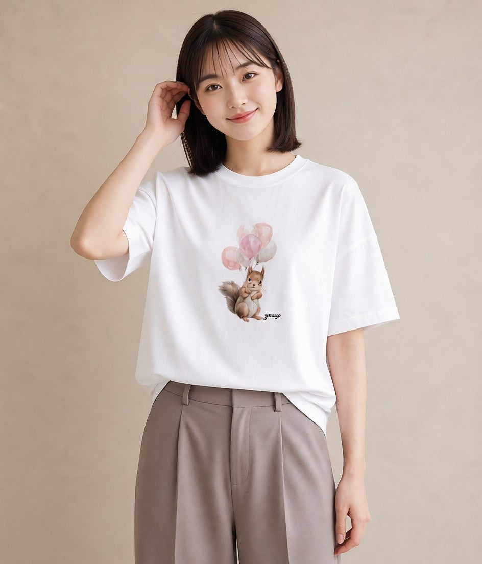 半袖Tシャツ レディース リス ペット 動物 イラスト ヴィンテージ風 女子会 お揃い 白T YMAZO