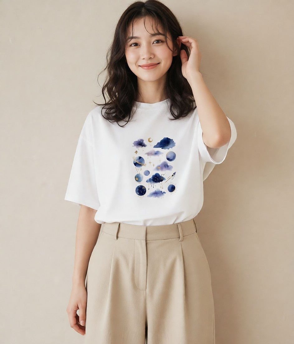 プリントTシャツ レディース 宇宙 星空 イラスト 韓国風 在宅 公園 白T YMAZO