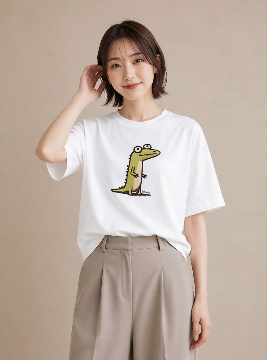 デザインTシャツ レディース ヤモリ ペット 動物 イラスト ヴィンテージ風 海 カフェ巡り 白T YMAZO