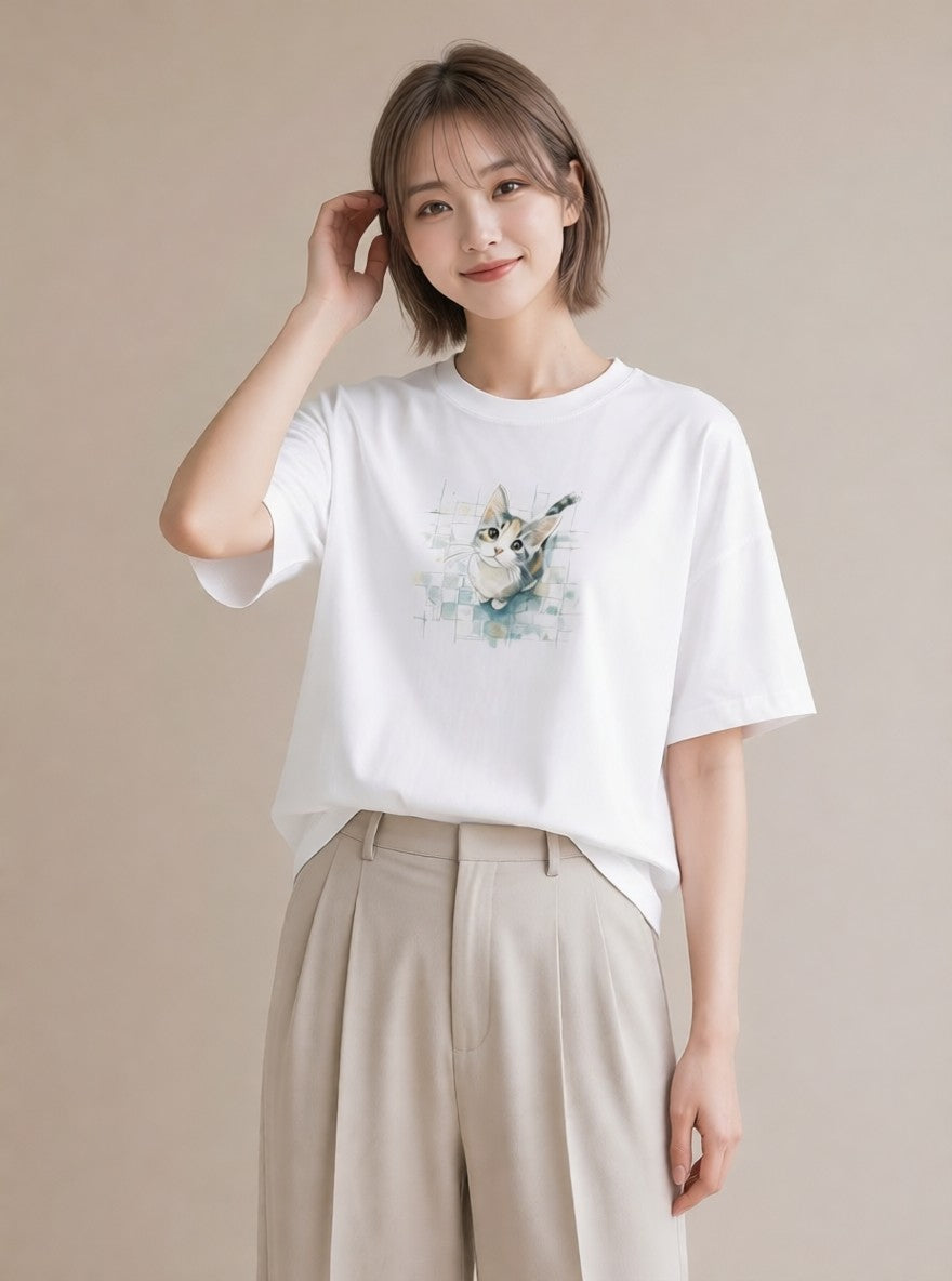 半袖Tシャツ レディース 愛猫 猫 ねこ イラスト 北欧風 女性 旅行用 白T YMAZO