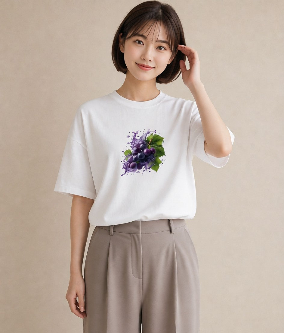 デザインTシャツ レディース ぶどう 葡萄 食べ物 フード イラスト ミニマル カフェ服 クリスマス 白T YMAZO
