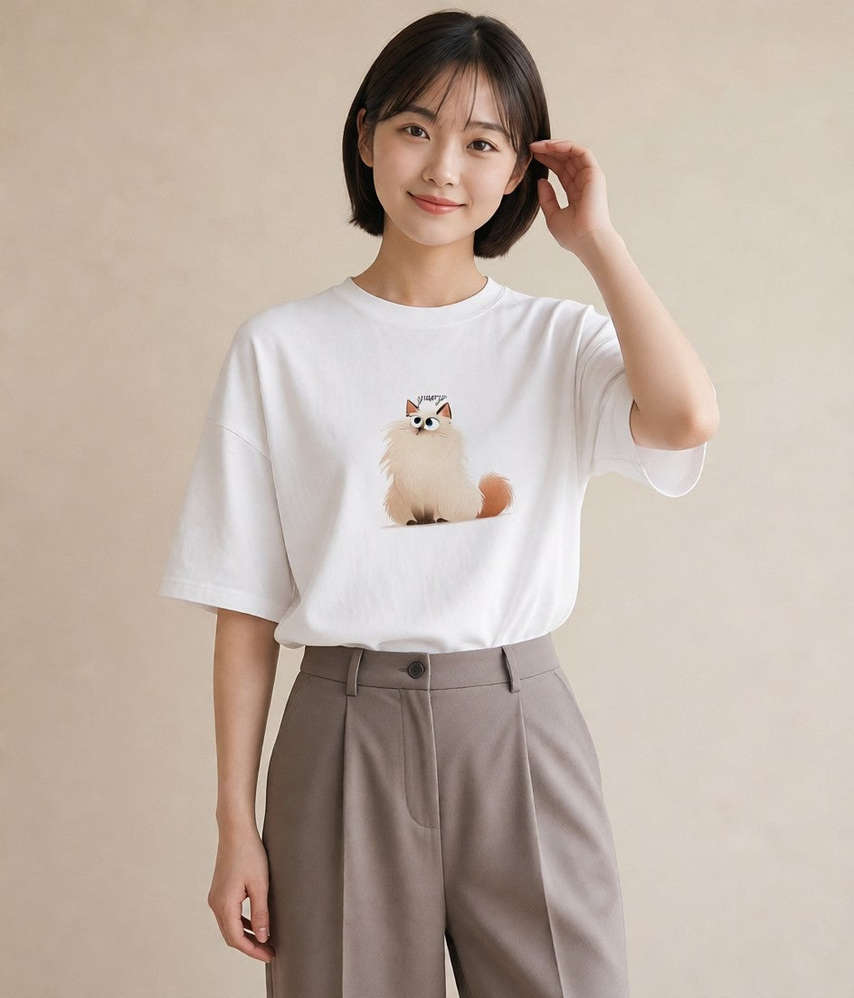 デザインTシャツ レディース ペルシャ 猫 ねこ イラスト シック レイヤード 友達ギフト 白T YMAZO
