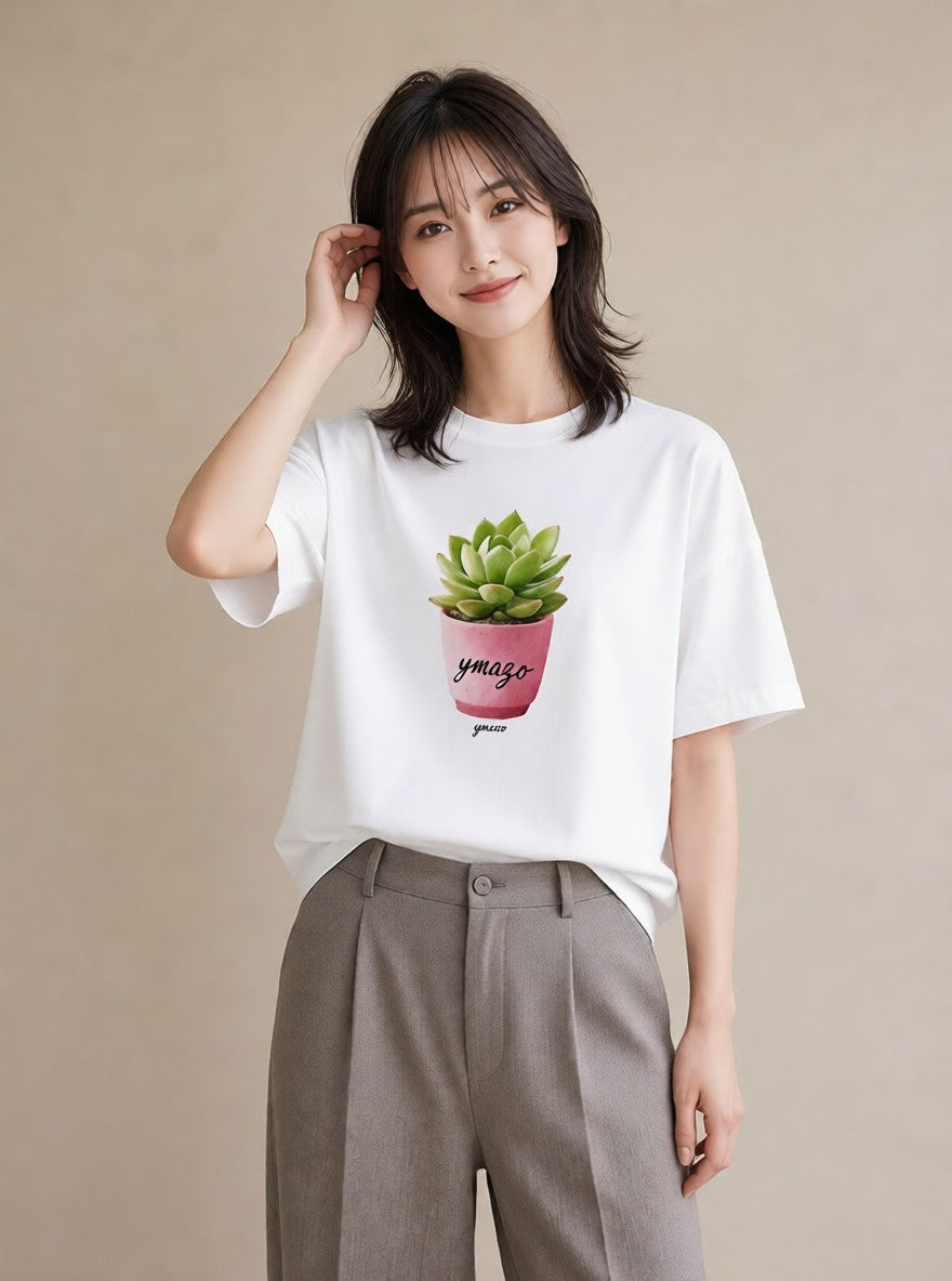 プリントTシャツ レディース 多肉植物 植物 ボタニカル イラスト ゆるかわ 20代 カジュアルコーデ 白T YMAZO