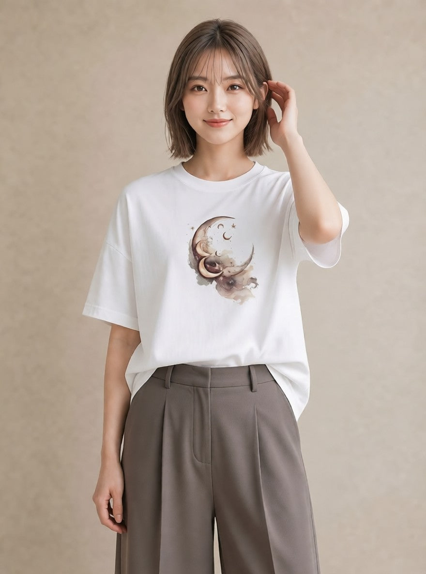 プリントTシャツ レディース 満月 星空 宇宙 イラスト ゆるかわ レイヤード 友達ギフト 白T YMAZO
