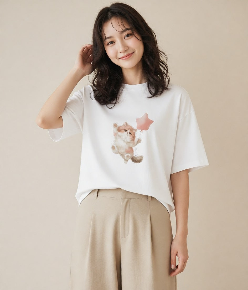 デザインTシャツ レディース ペルシャ 猫 ねこ イラスト カジュアル ビーチ デイリーウェア 白T YMAZO