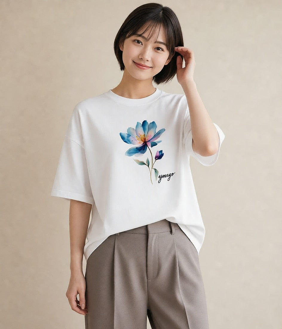 半袖Tシャツ レディース コスモス 秋桜 花 花柄 イラスト ボタニカル 母の日 ビーチ 白T YMAZO