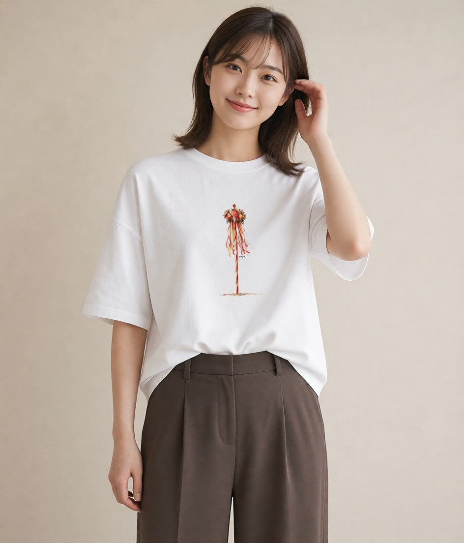 Tシャツ レディース ポスト 野の花 レトロ ナチュラル アンティーク イラスト 韓国風 ママ カフェ服 白T YMAZO