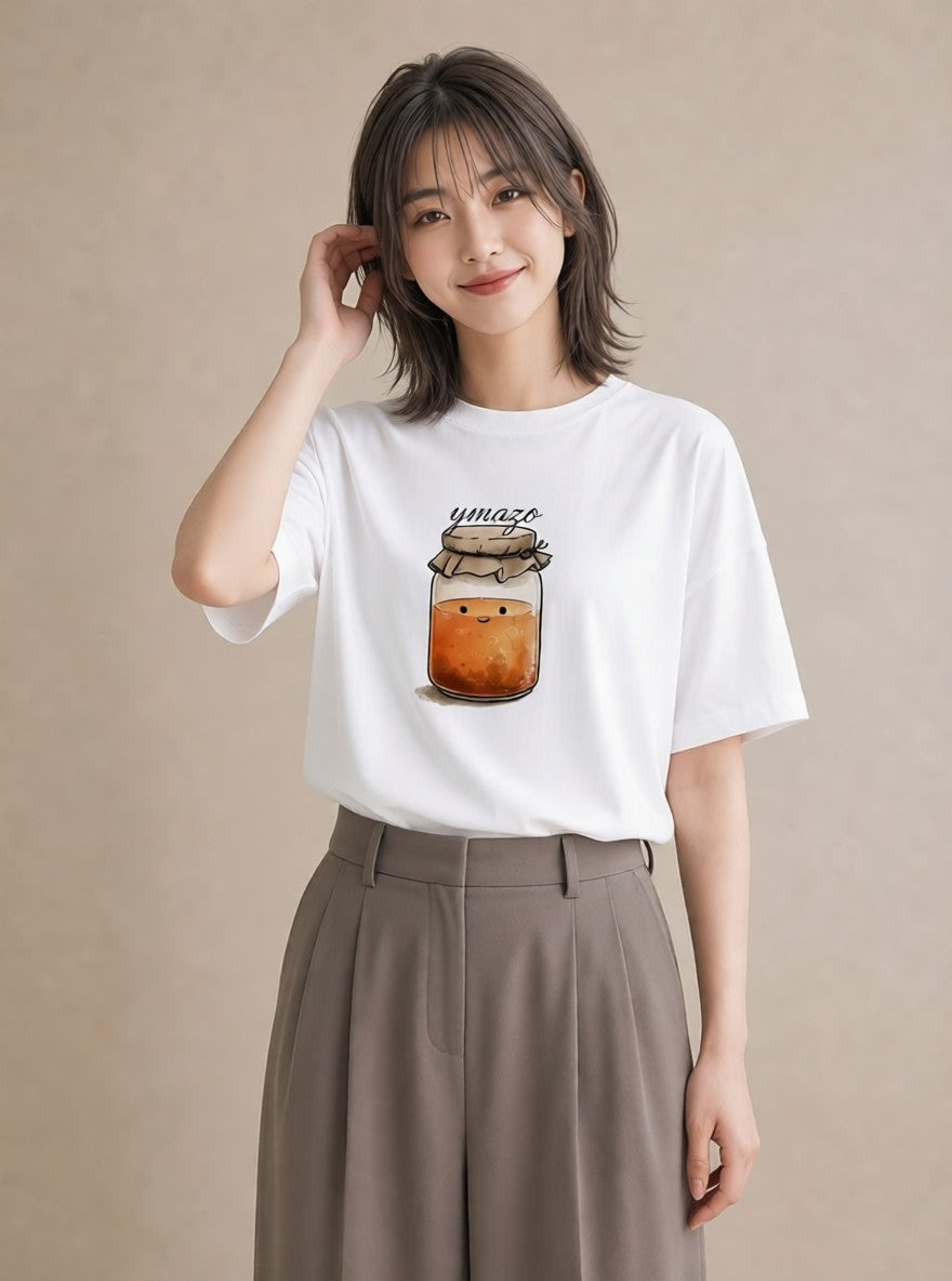 Tシャツ レディース ハニー 食べ物 フード イラスト シンプル 春服 ミセス 白T YMAZO