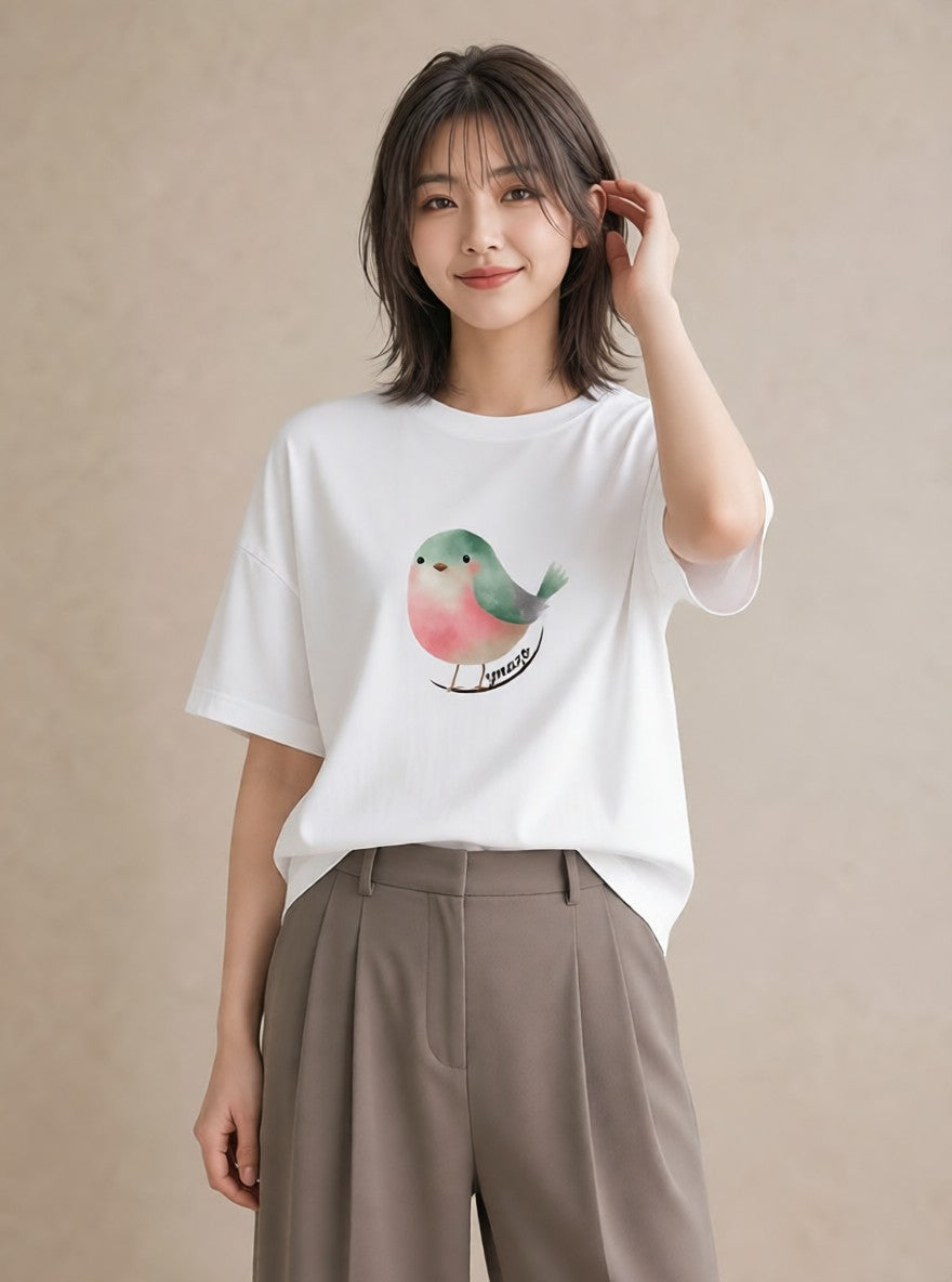 Tシャツ レディース ボタンインコ ペット 動物 イラスト 普段使い ママ カフェ服 白T YMAZO