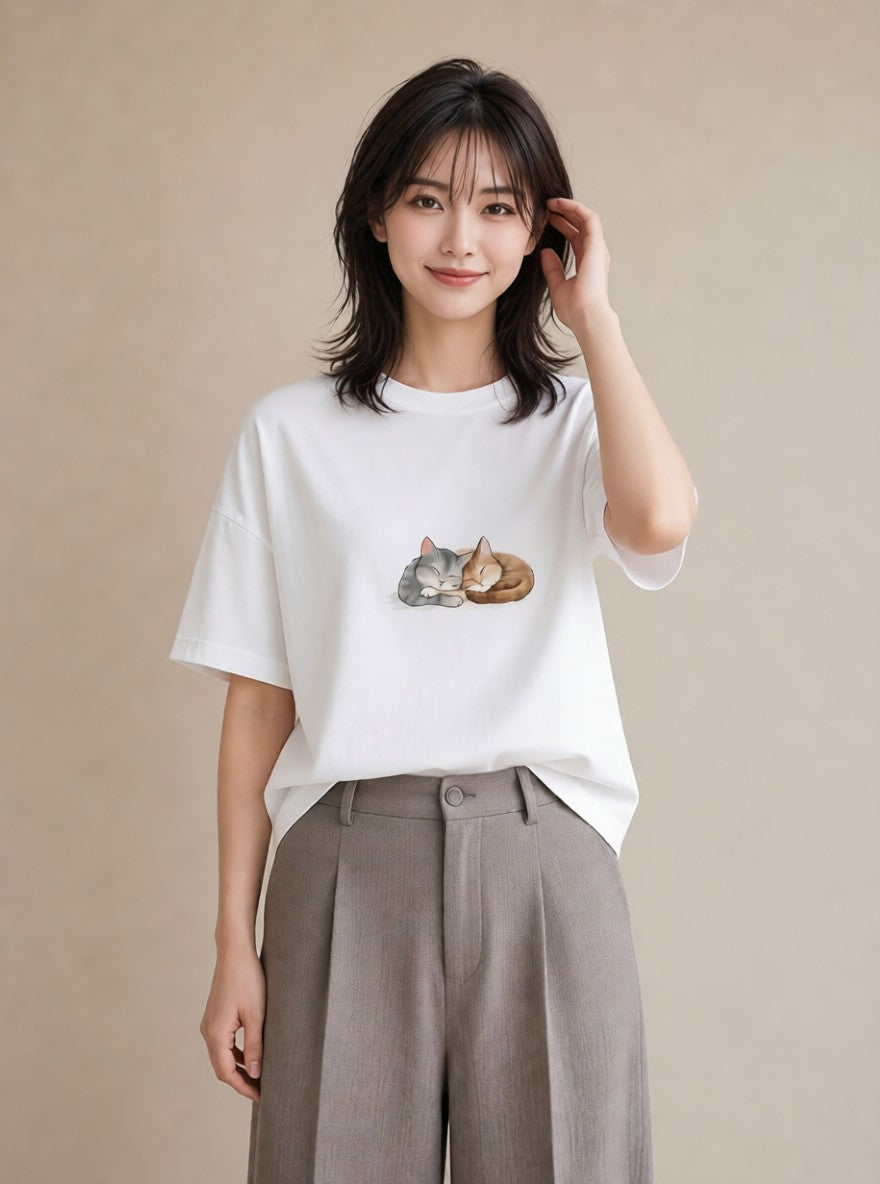 半袖Tシャツ レディース 肉球 猫 ねこ イラスト シンプル ママ カフェ服 白T YMAZO
