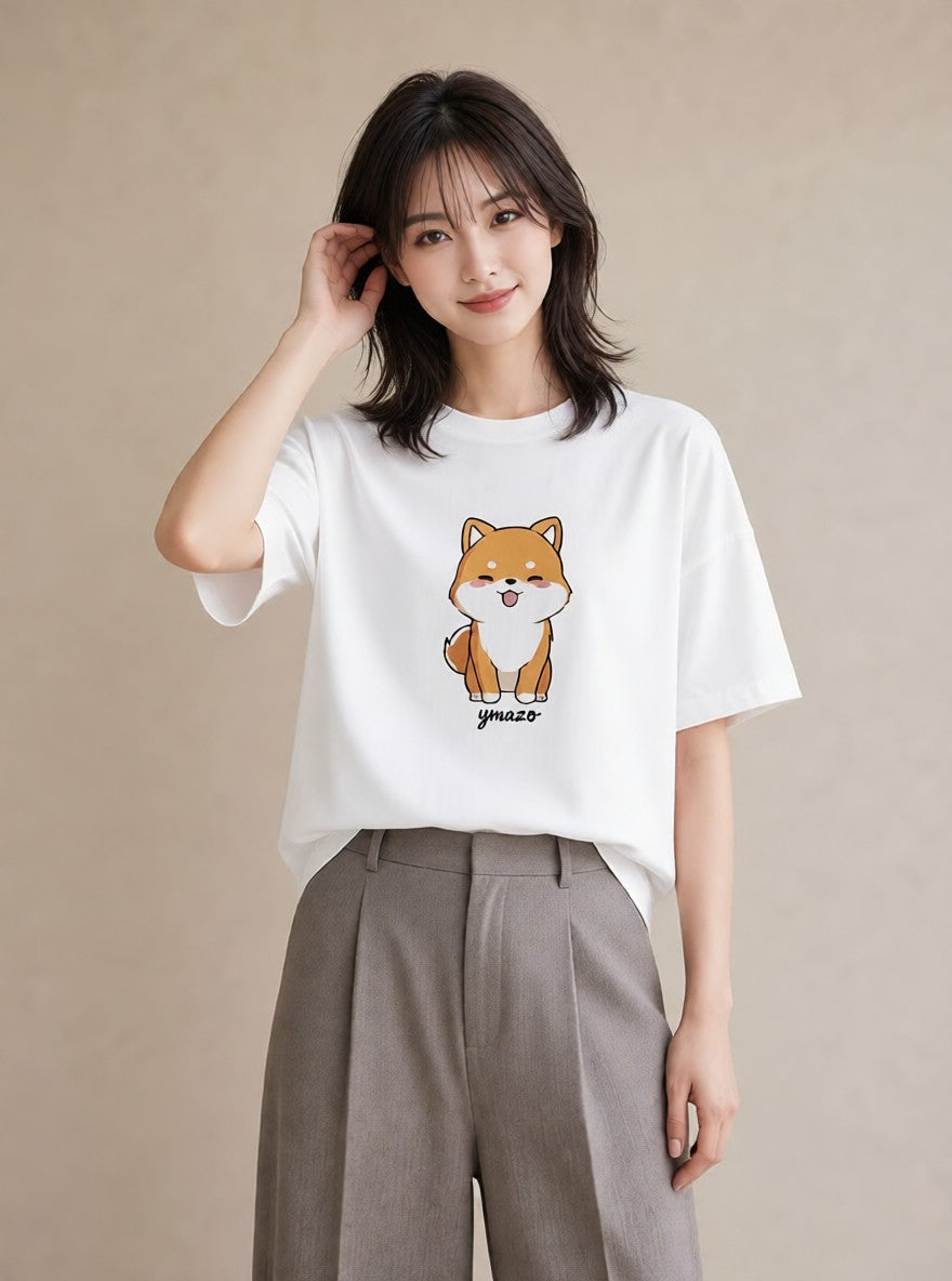 Tシャツ レディース 柴犬 しばいぬ 犬 いぬ イラスト 可愛い 自分用 ルームウェア 白T YMAZO