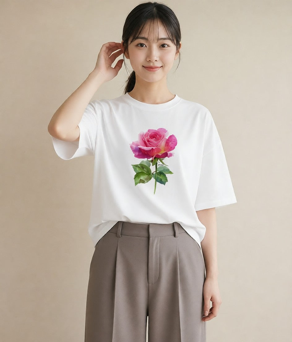 Tシャツ レディース バラ 薔薇 ローズ 花 花柄 イラスト ラフ 送別ギフト 通勤 白T YMAZO