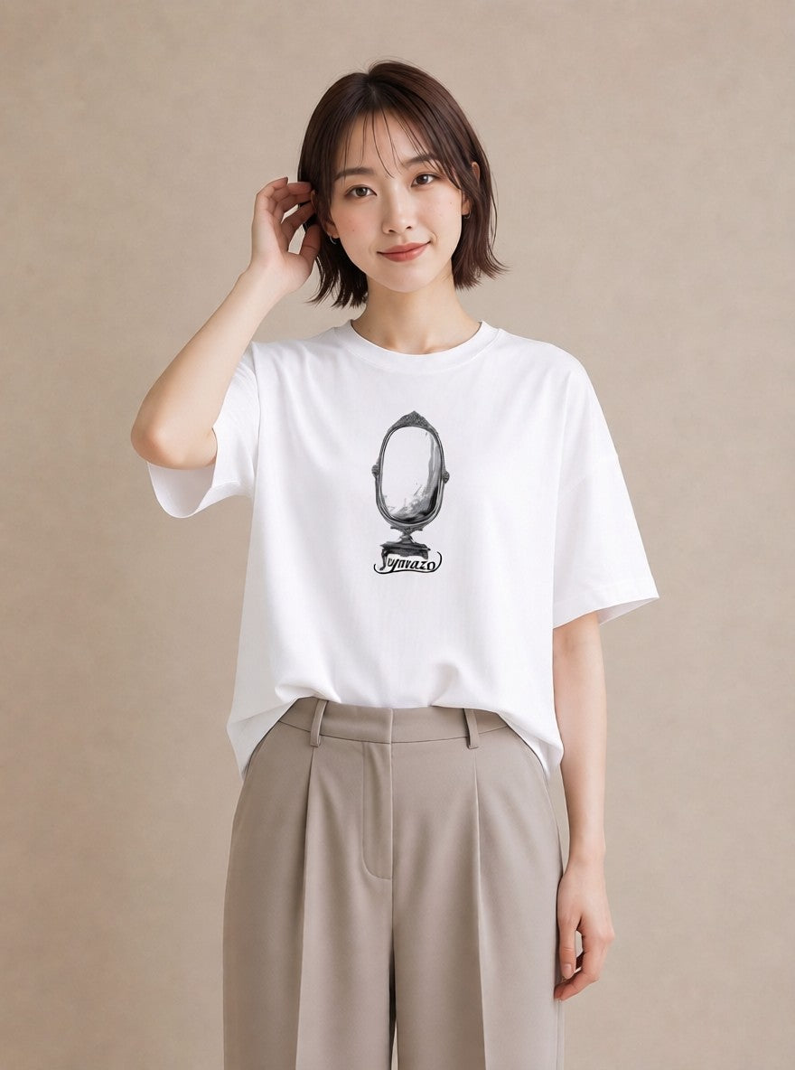 グラフィックTシャツ レディース 手鏡 アンティーク レトロ ナチュラル イラスト 休日コーデ 海 カフェ巡り 白T YMAZO