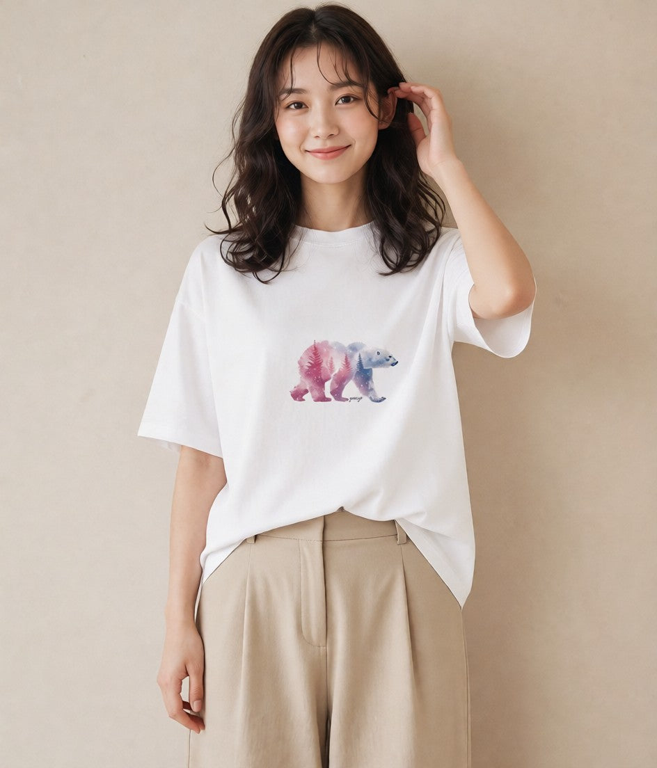 プリントTシャツ レディース オーロラ 星空 宇宙 イラスト 普段使い 散歩 お出かけ 白T YMAZO