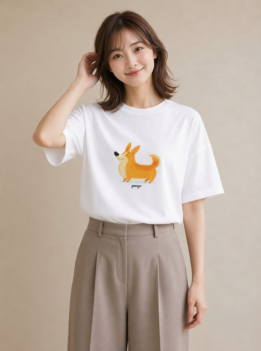 デザインTシャツ レディース ウェルシュコーギー コーギー 犬 いぬ イラスト 休日コーデ 普段着 週末コーデ 白T YMAZO