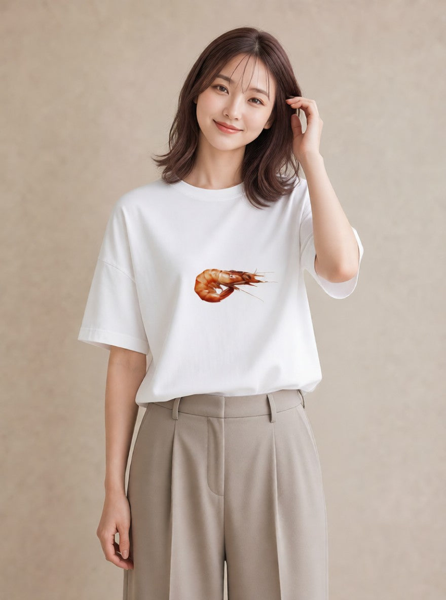 半袖Tシャツ レディース エビ 海の生き物 海 イラスト 水彩風 ビーチ デイリーウェア 白T YMAZO