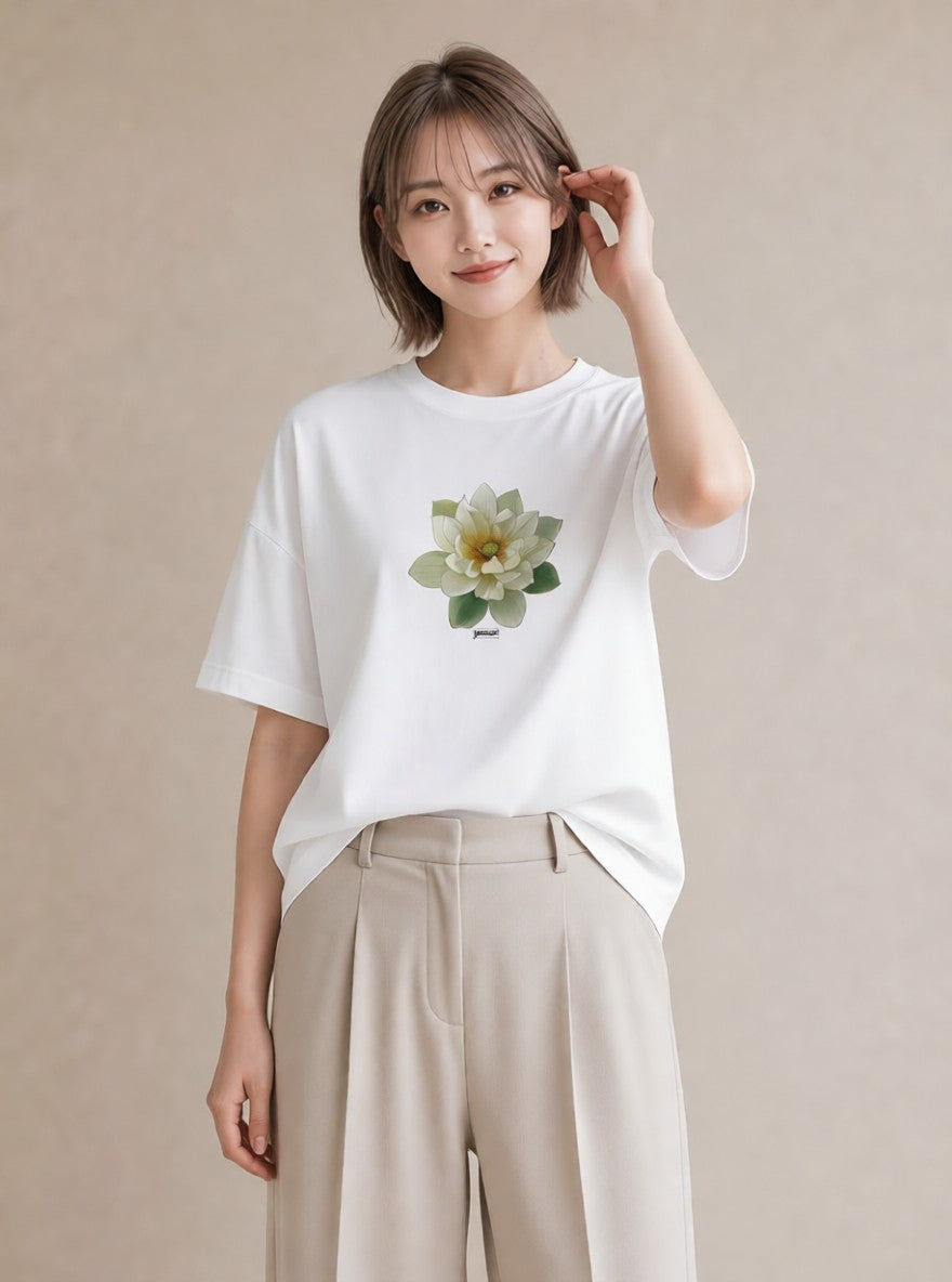 グラフィックTシャツ レディース 蓮 花 花柄 イラスト ゆるコーデ デート 帰省 白T YMAZO