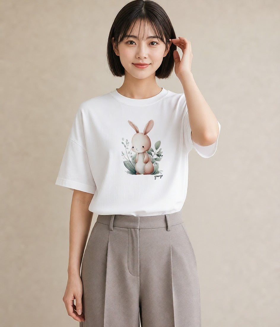 半袖Tシャツ レディース ミニうさぎ ペット 動物 イラスト フェミニン 公園 ママ 白T YMAZO