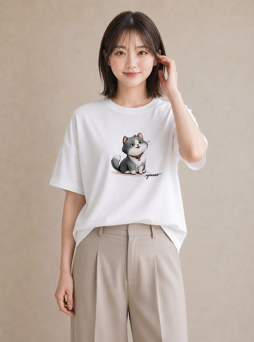 デザインTシャツ レディース スコティッシュフォールド 猫 ねこ イラスト 手描き風 レイヤード 友達ギフト 白T YMAZO