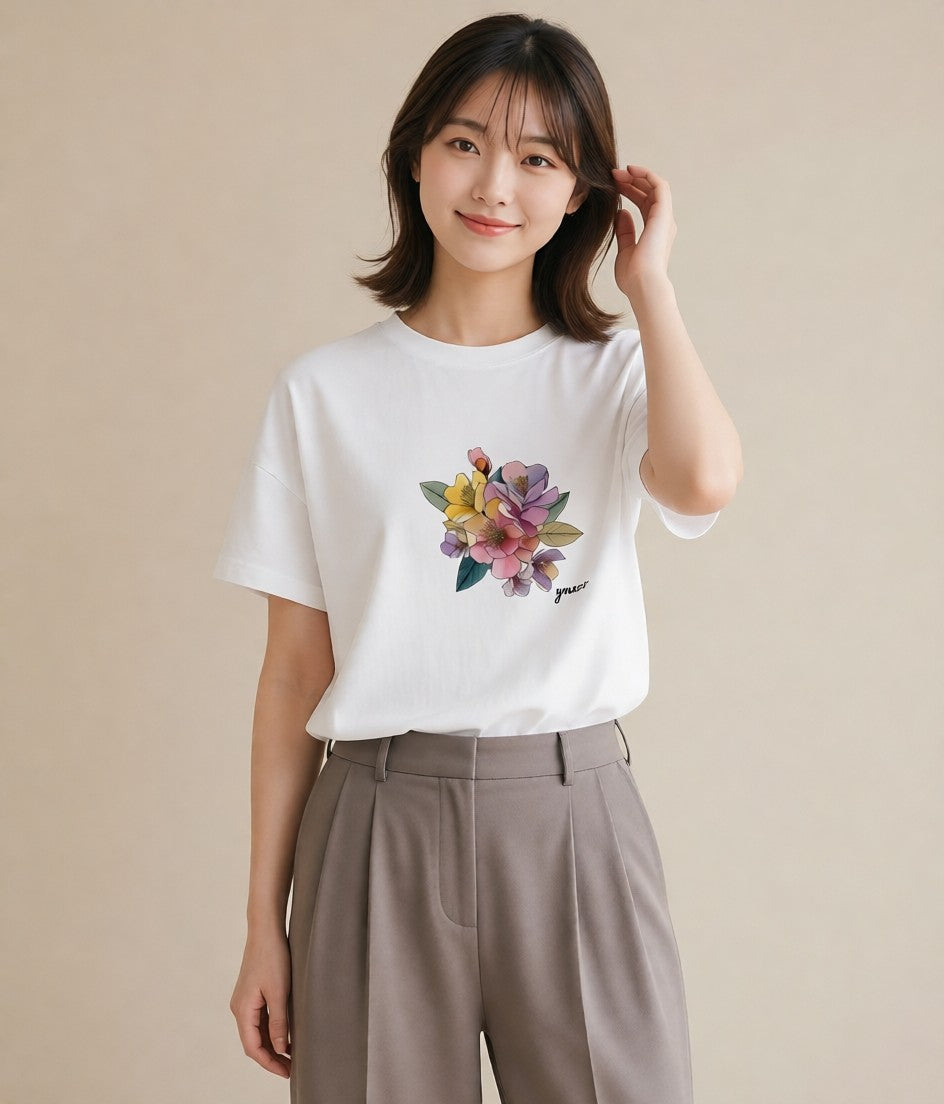 プリントTシャツ レディース パンジー 花 花柄 イラスト ナチュラル 敬老の日 ホワイトデー 白T YMAZO