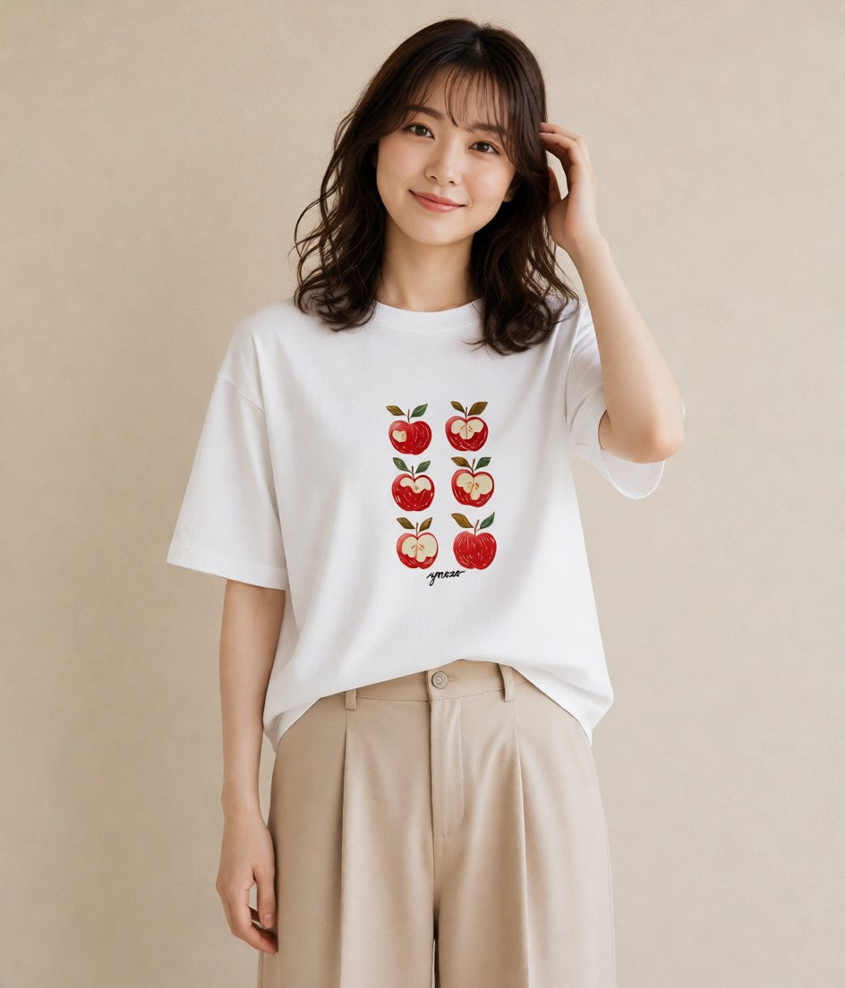 半袖Tシャツ レディース りんご 林檎 アップル 食べ物 フード イラスト アート風 休日 ペアコーデ 白T YMAZO