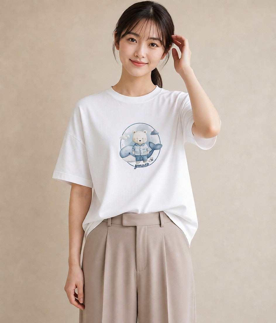 Tシャツ レディース クジラ 海の生き物 海 イラスト 韓国風 綿100 デート 白T YMAZO