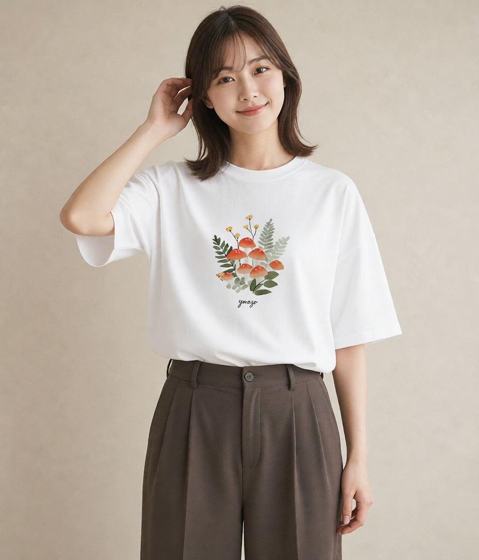 プリントTシャツ レディース きのこ 植物 ボタニカル イラスト きれいめカジュアル 在宅 公園 白T YMAZO