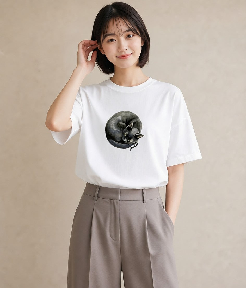 デザインTシャツ レディース ブリティッシュショートヘア 猫 ねこ イラスト 送別ギフト 通勤 白T YMAZO